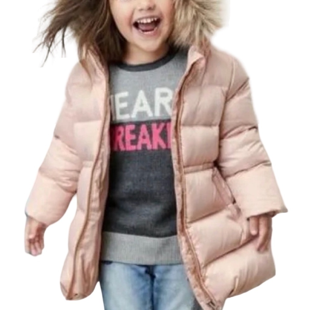 Baby GAP Pink Champagne Longest Warm Puffer Coat Faux Fur Hood 2 Toddler